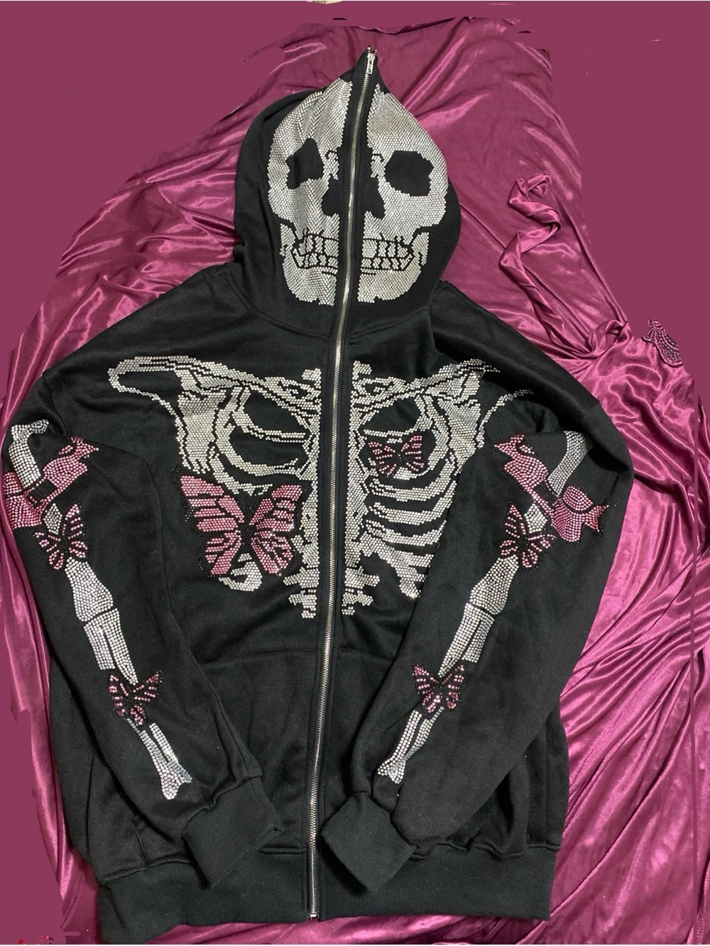 Women Black Skeleton & Pink Butterfly Zip-Up Hoodie